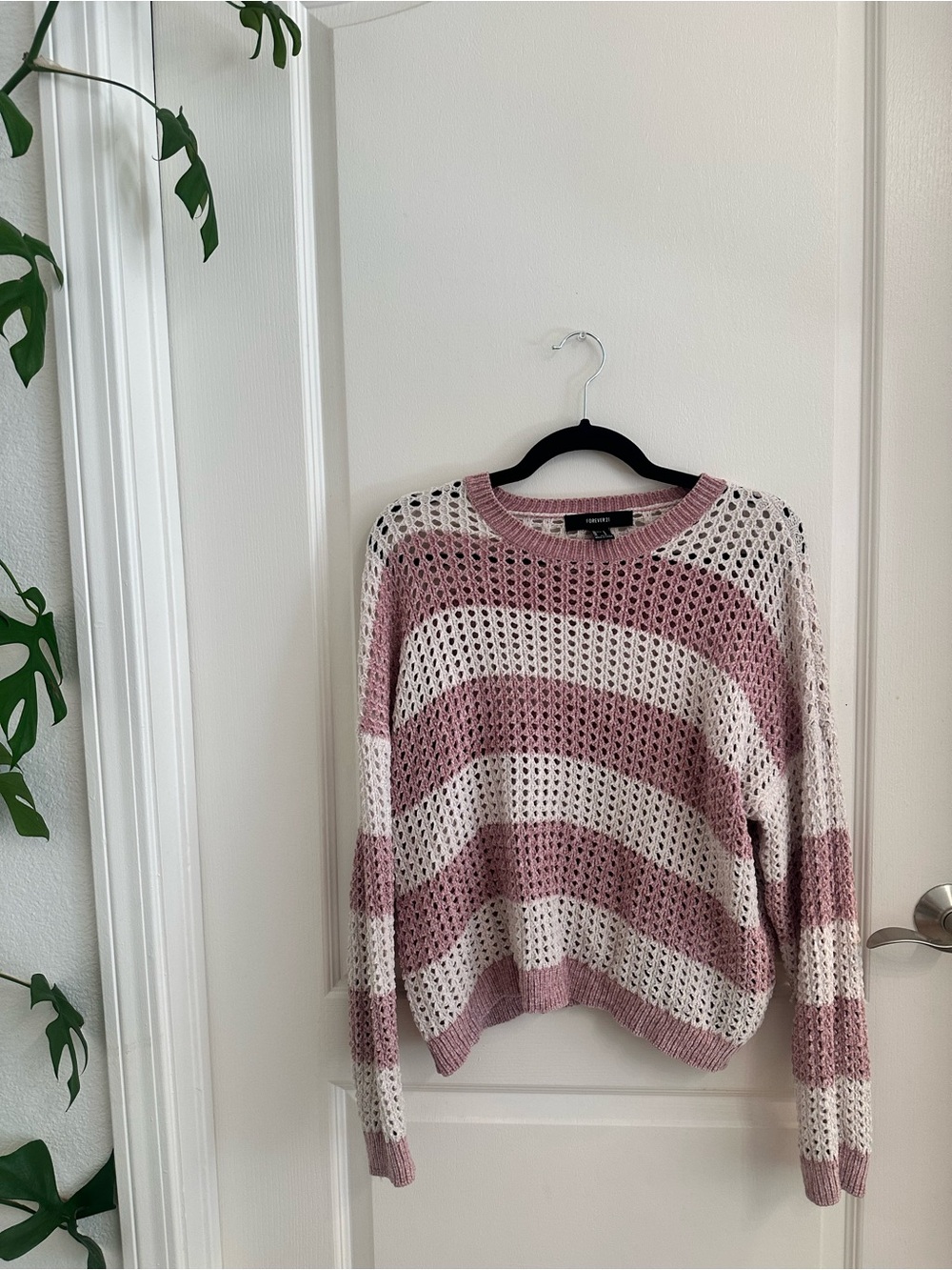 Forever 21 Pink & Cream Striped Open-Knit Crewneck Sweater